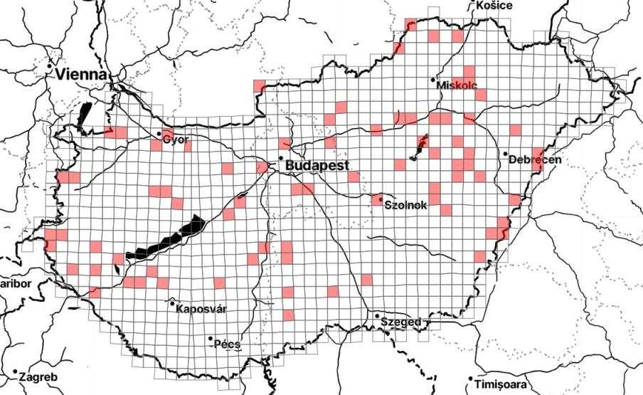 A közönséges medvelepke közösségi megfigyelései 10x10 km-es UTM hálón 2000 és 2023 között (forrás: Lepketérkép - izeltlabuak.hu