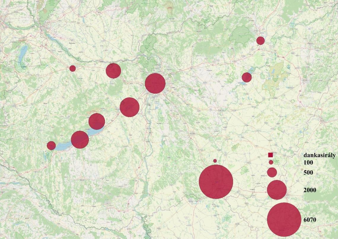 4.	ábra: Éjszakázóhelyen számlált dankasirályok (C. ridibundus) országos megoszlása.
