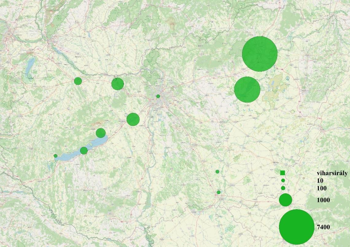 5.	ábra: Éjszakázóhelyen számlált viharsirályok (L. canus) országos megoszlása