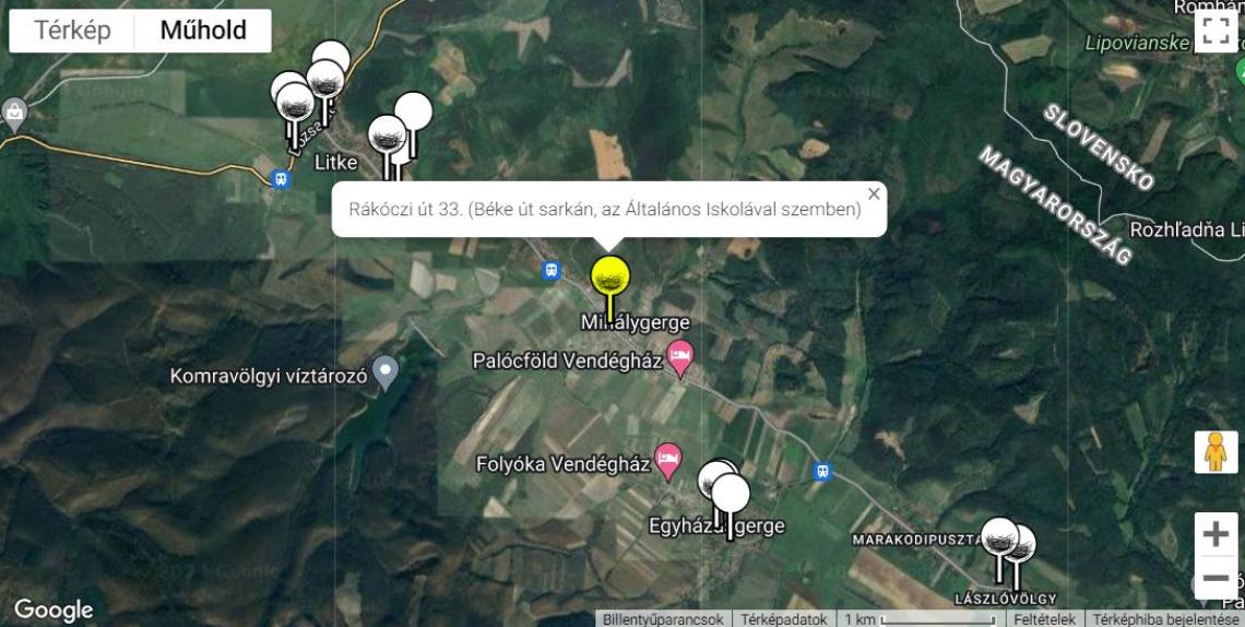 A mihálygergei fészek a Gólyales adatbázis térképén